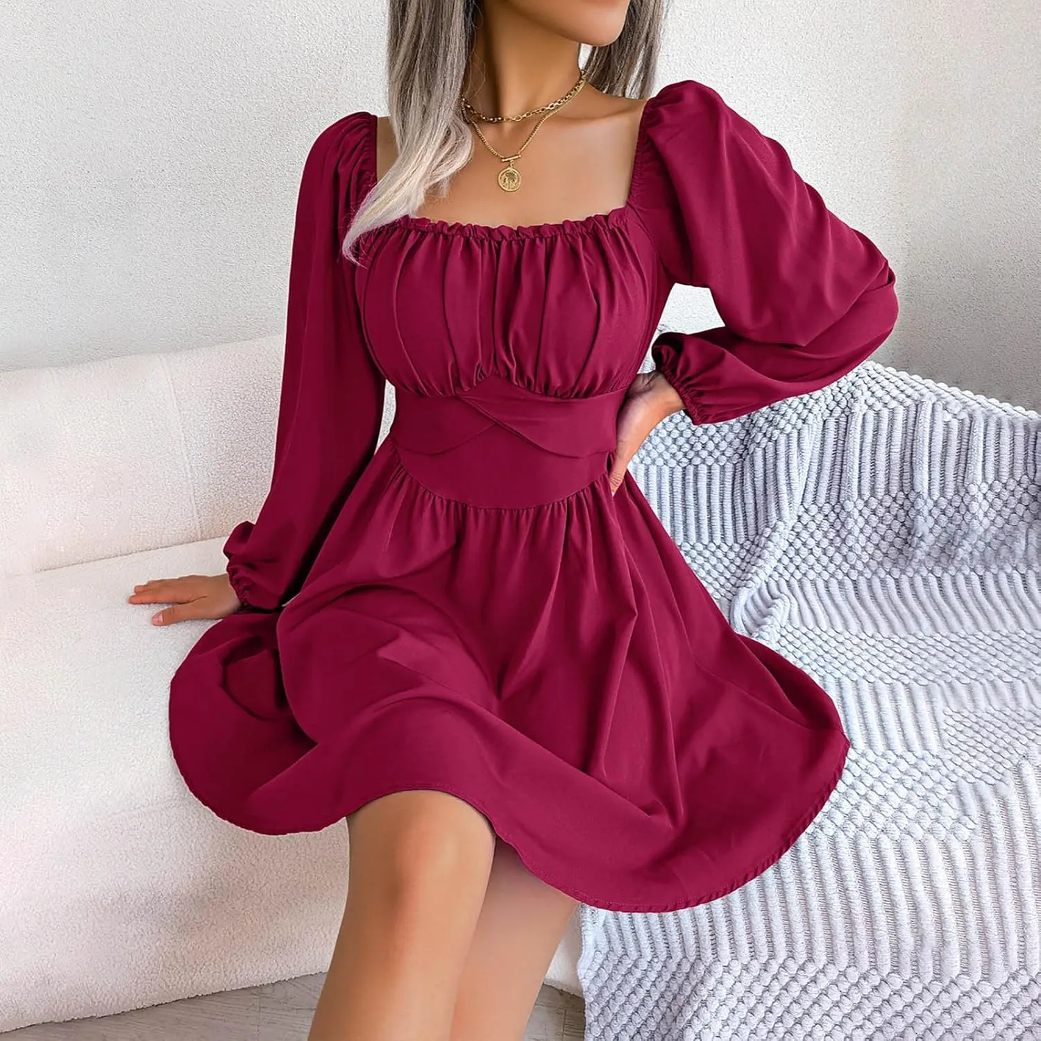 Casual Dresses for Women Women's Long Sleeve Dress Square Neck Ruffle Tie Waist A-Line Pleated Mini Dresses