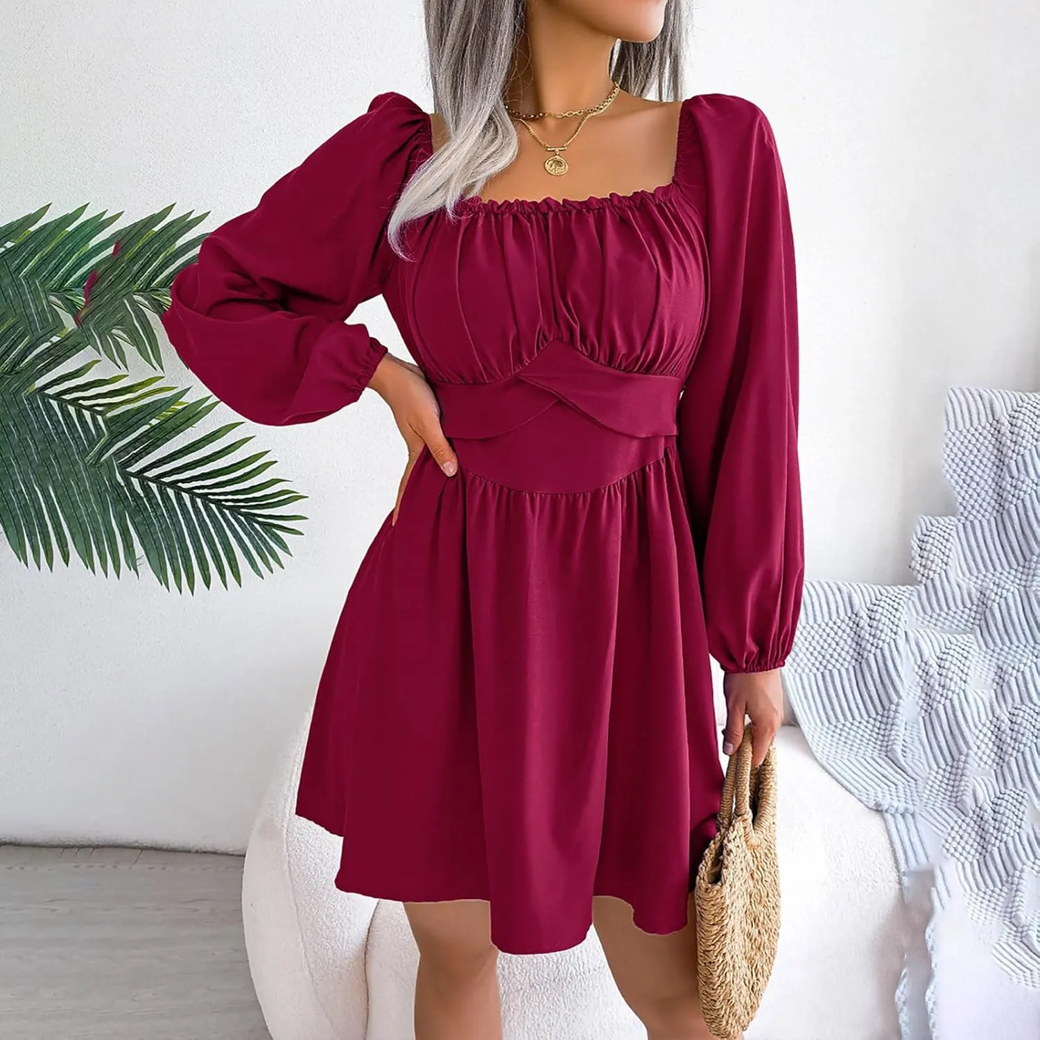 Casual Dresses for Women Women's Long Sleeve Dress Square Neck Ruffle Tie Waist A-Line Pleated Mini Dresses