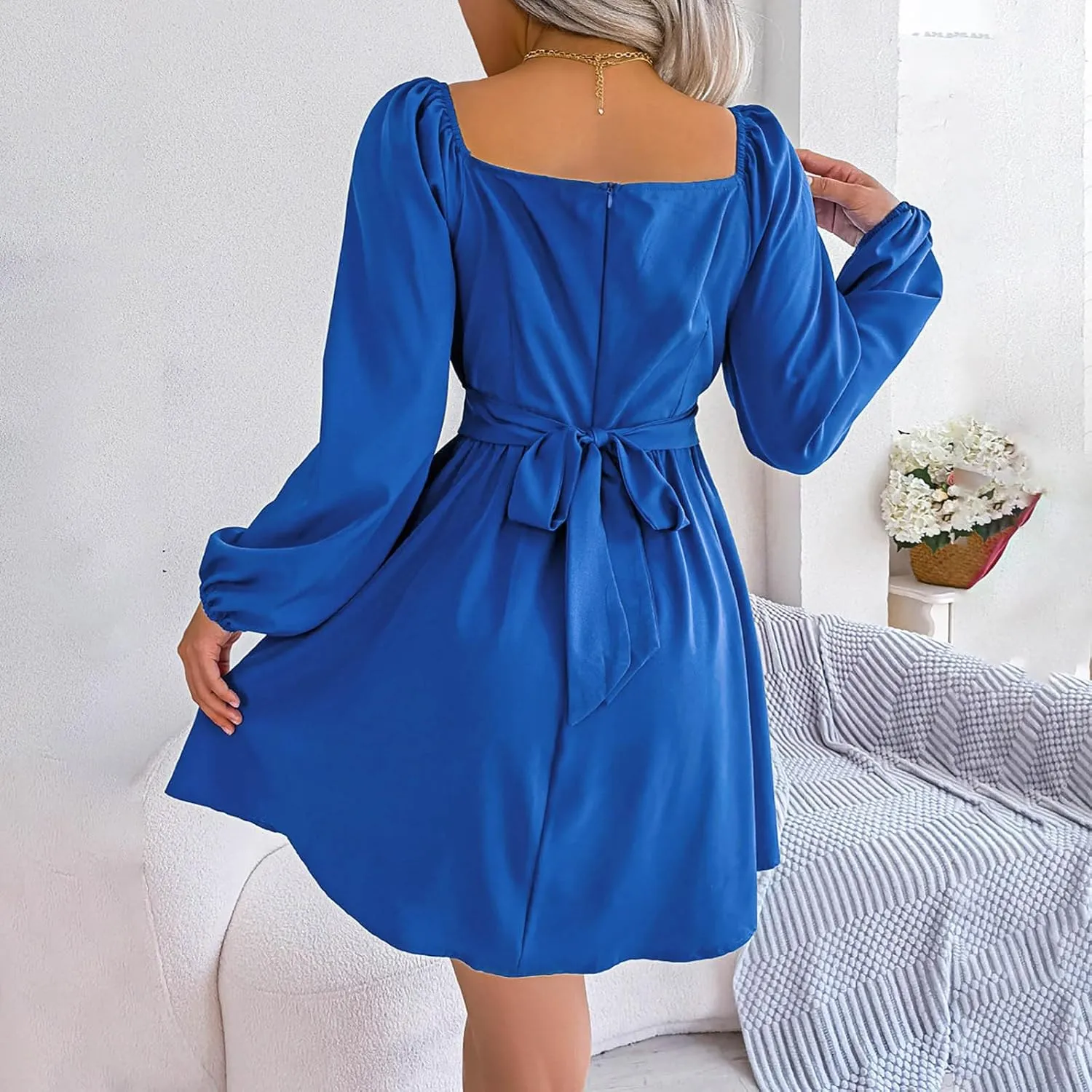 Casual Dresses for Women Women's Long Sleeve Dress Square Neck Ruffle Tie Waist A-Line Pleated Mini Dresses