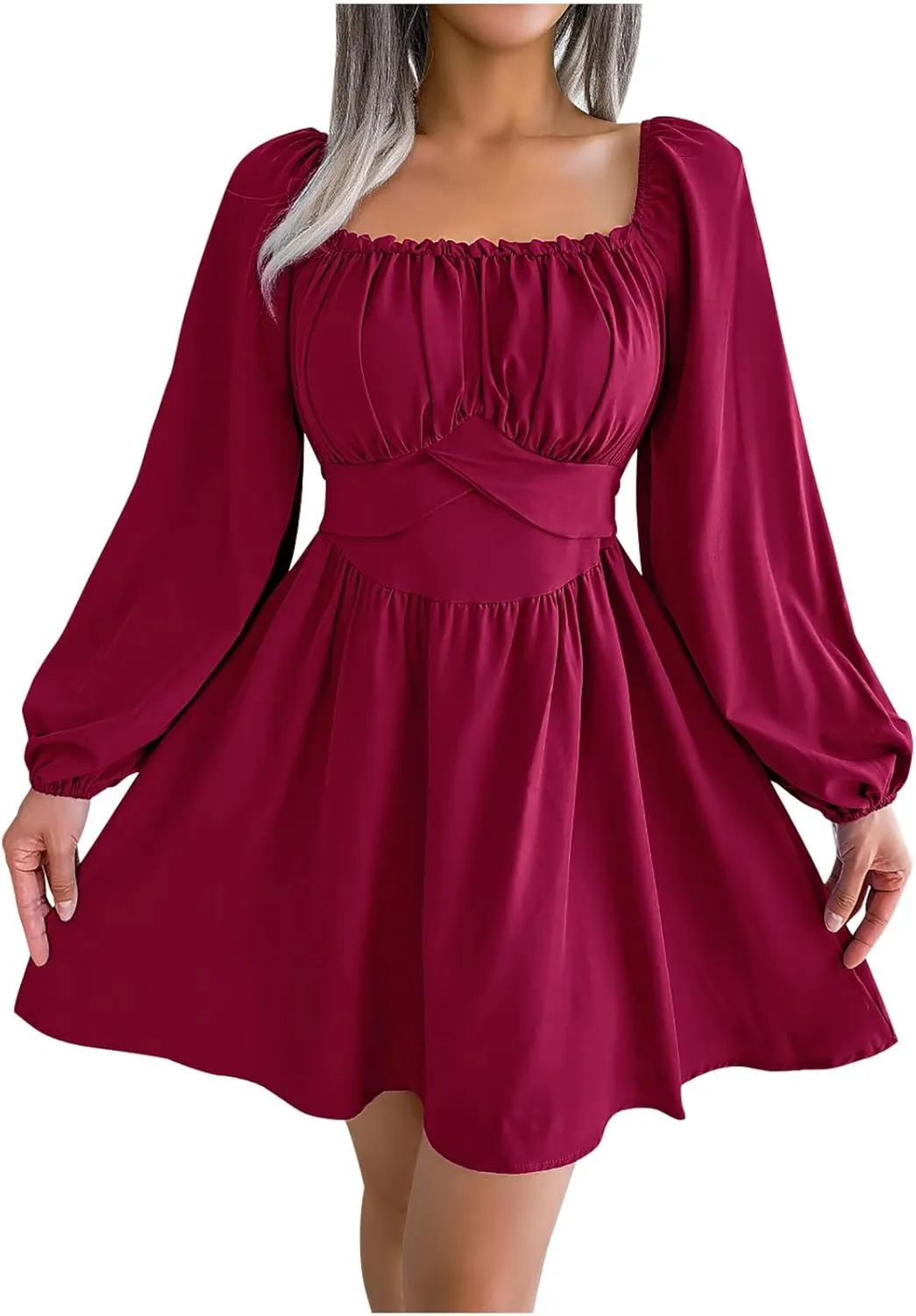Casual Dresses for Women Women's Long Sleeve Dress Square Neck Ruffle Tie Waist A-Line Pleated Mini Dresses