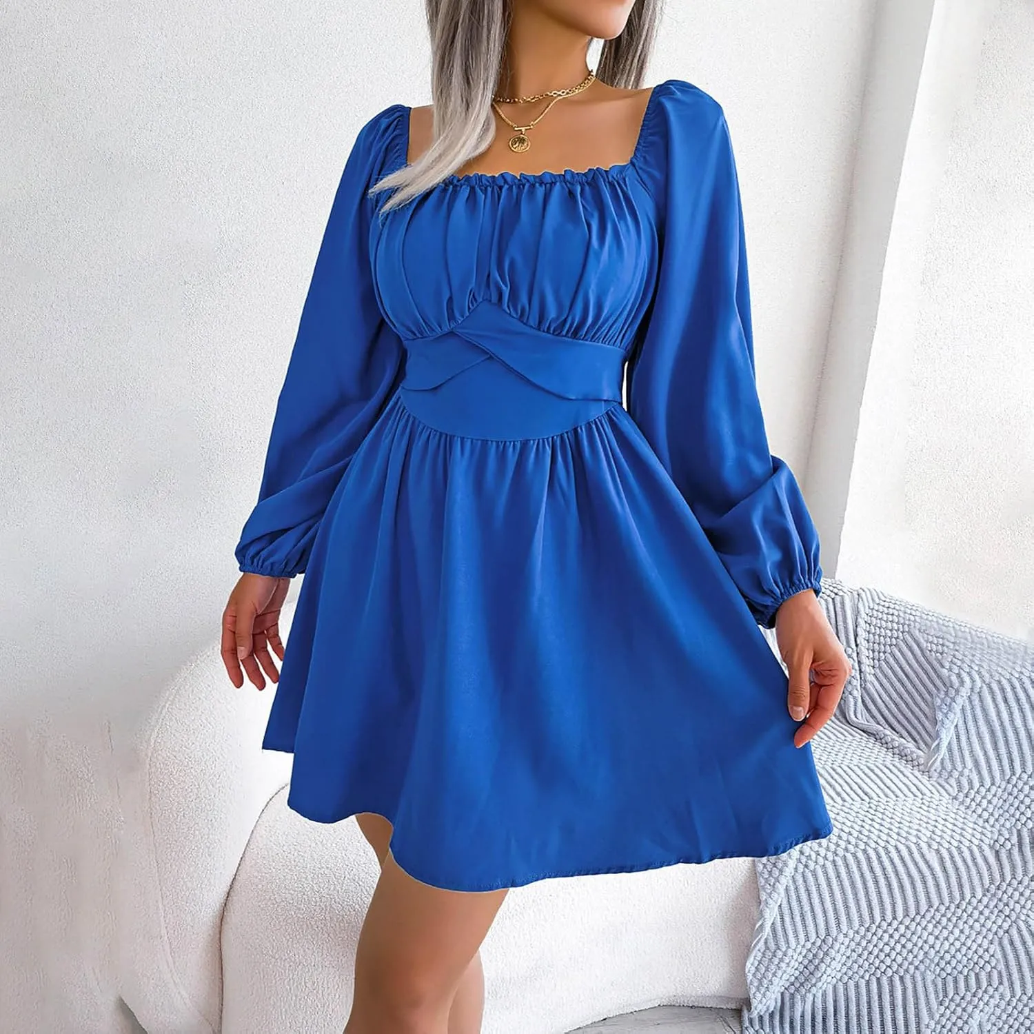 Casual Dresses for Women Women's Long Sleeve Dress Square Neck Ruffle Tie Waist A-Line Pleated Mini Dresses