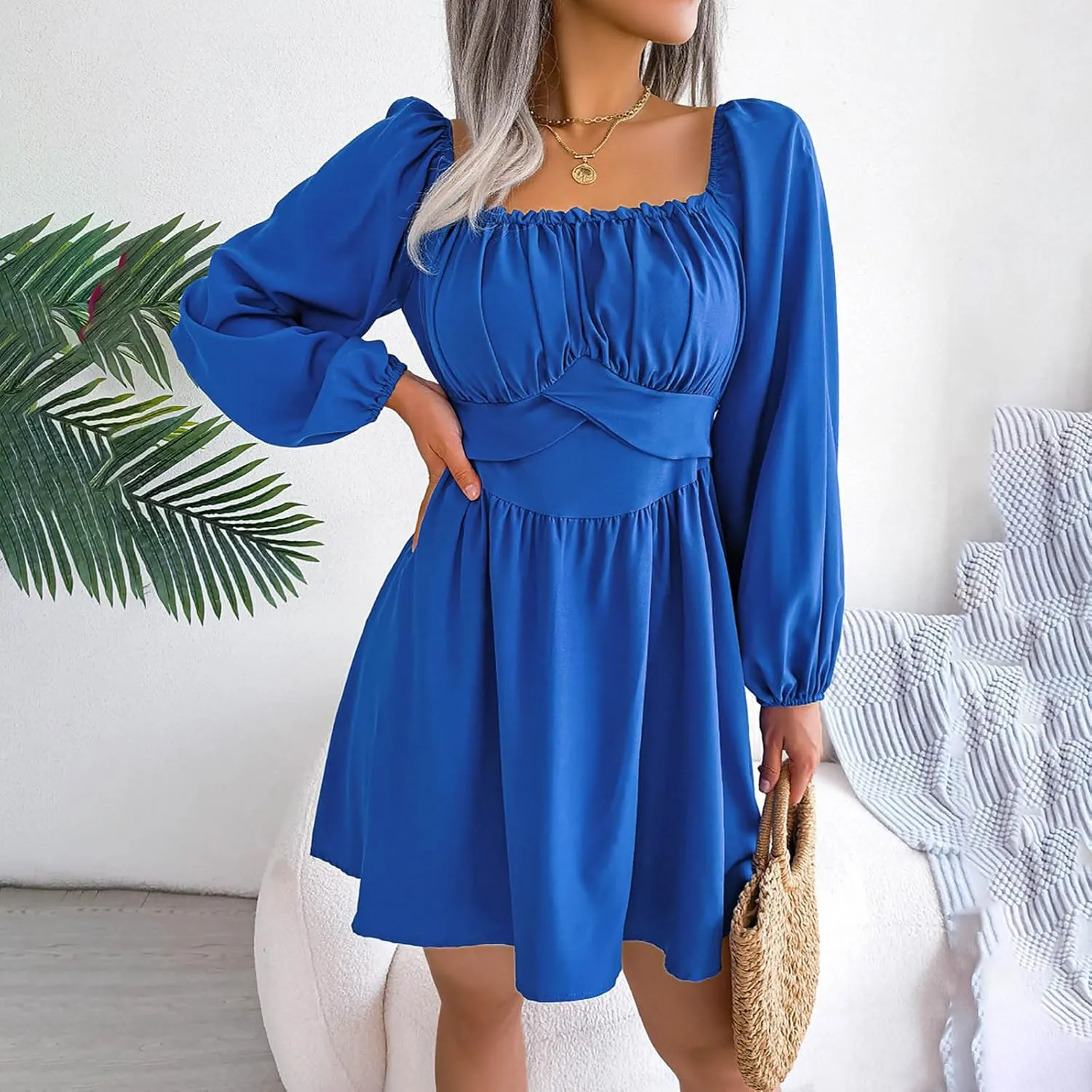 Casual Dresses for Women Women's Long Sleeve Dress Square Neck Ruffle Tie Waist A-Line Pleated Mini Dresses