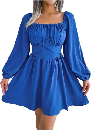 Casual Dresses for Women Women's Long Sleeve Dress Square Neck Ruffle Tie Waist A-Line Pleated Mini Dresses