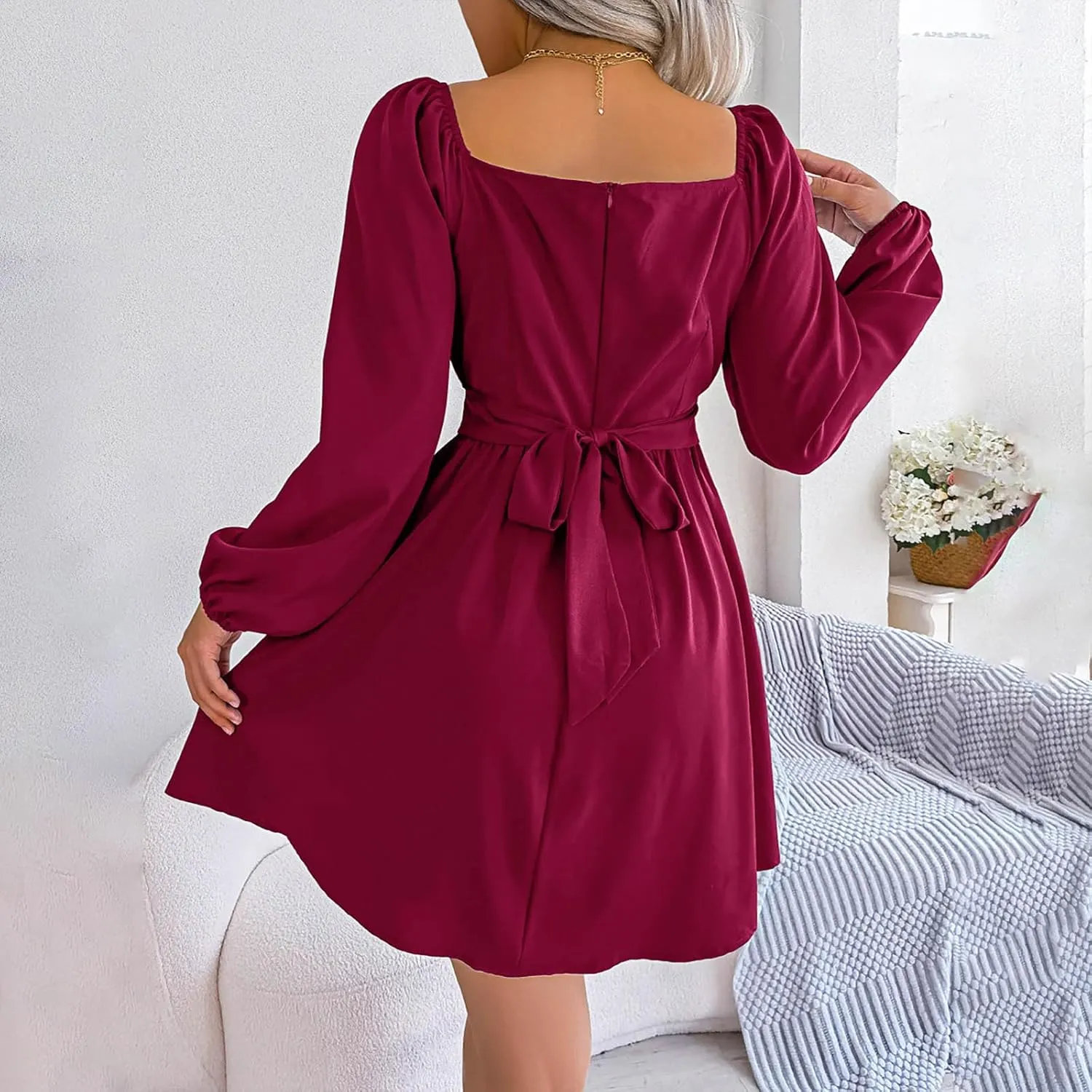 Casual Dresses for Women Women's Long Sleeve Dress Square Neck Ruffle Tie Waist A-Line Pleated Mini Dresses