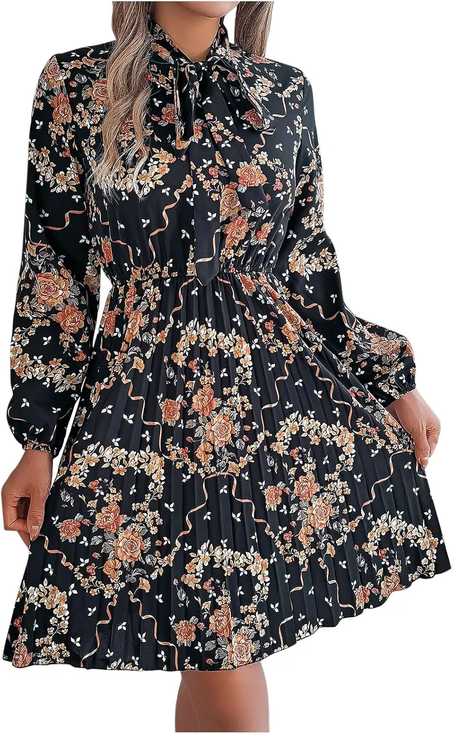 Casual Dresses for Women Womens Long Sleeve Dress Swing Crew Neck Tiered Tie Waist A-Line Ruffle Mini Dresses