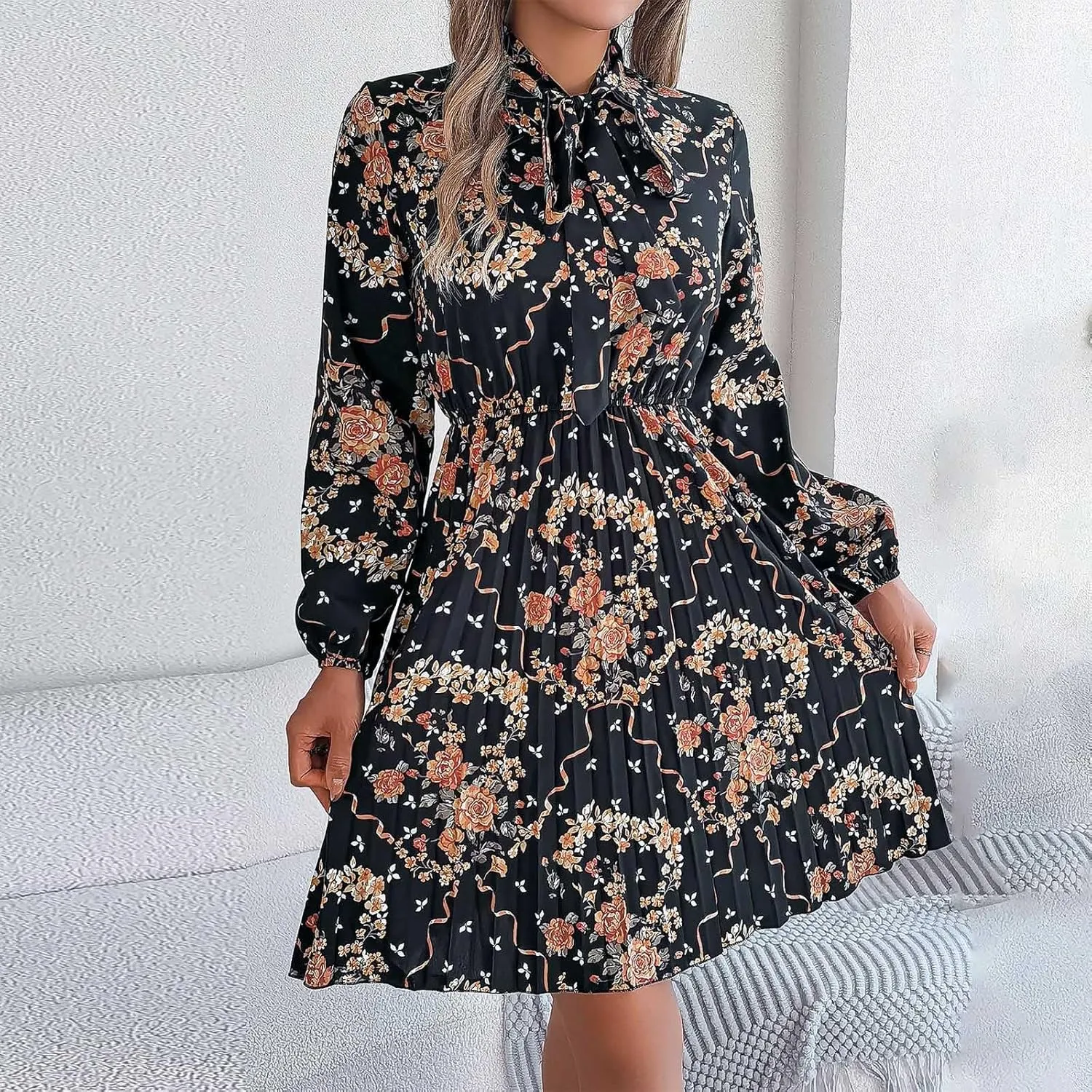 Casual Dresses for Women Womens Long Sleeve Dress Swing Crew Neck Tiered Tie Waist A-Line Ruffle Mini Dresses