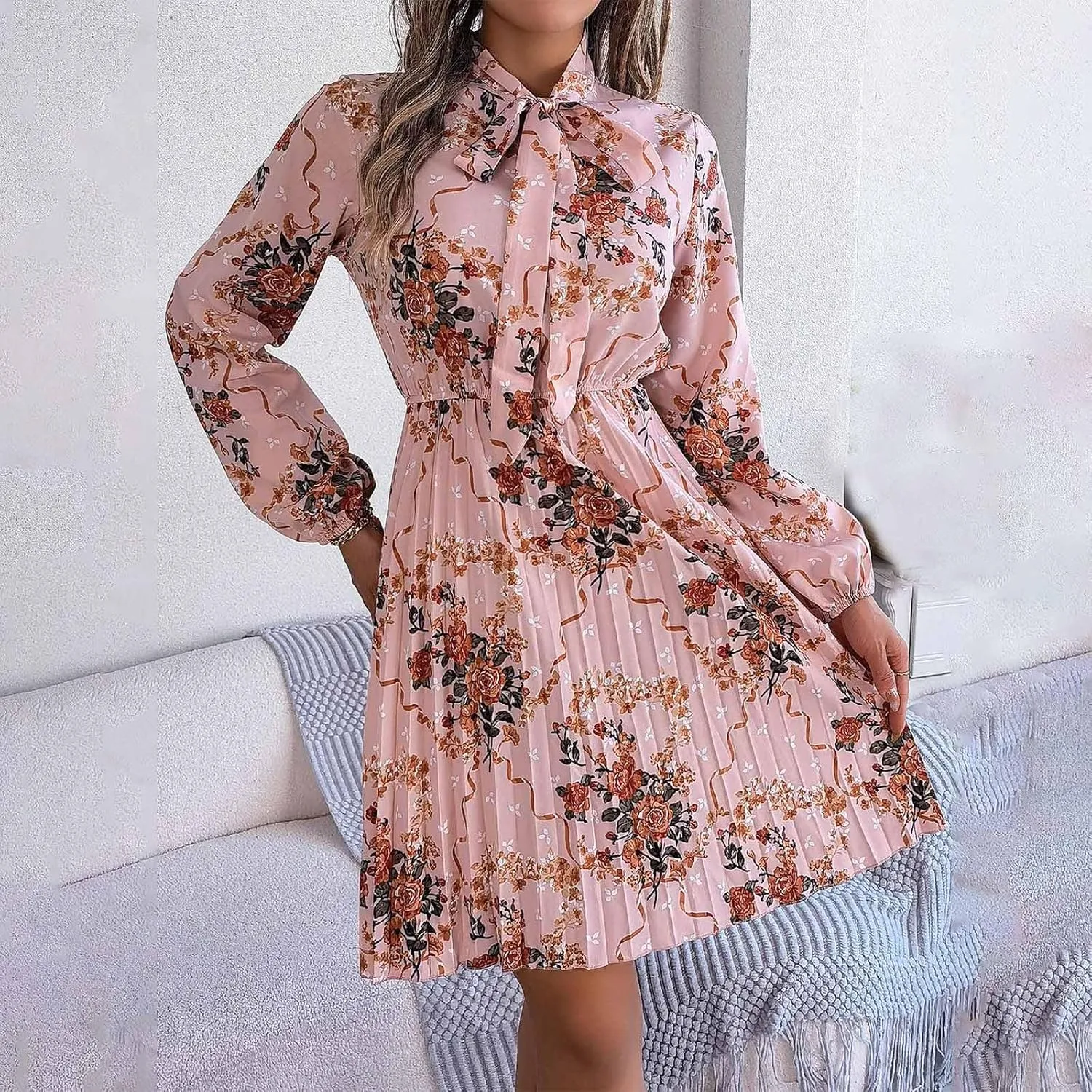 Casual Dresses for Women Womens Long Sleeve Dress Swing Crew Neck Tiered Tie Waist A-Line Ruffle Mini Dresses
