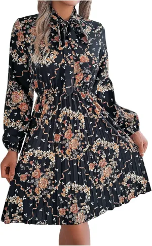 Casual Dresses for Women Womens Long Sleeve Dress Swing Crew Neck Tiered Tie Waist A-Line Ruffle Mini Dresses