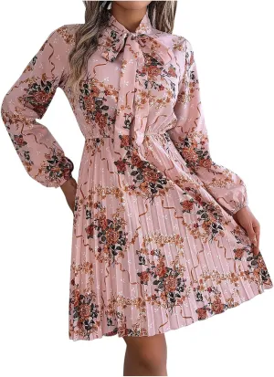 Casual Dresses for Women Womens Long Sleeve Dress Swing Crew Neck Tiered Tie Waist A-Line Ruffle Mini Dresses