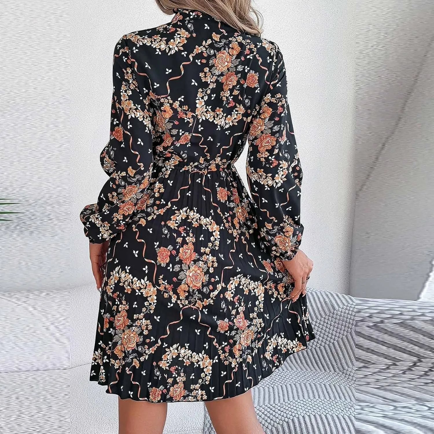 Casual Dresses for Women Womens Long Sleeve Dress Swing Crew Neck Tiered Tie Waist A-Line Ruffle Mini Dresses