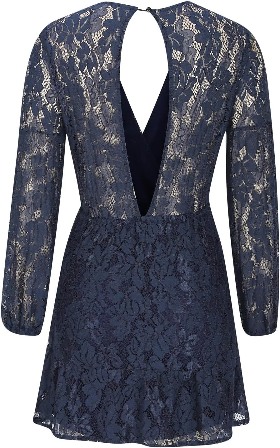 Casual Dresses for Women Womens Long Sleeve Dress V Neck Bubble Tie Waist Floral Flowy Swing Mini Dresses for Women