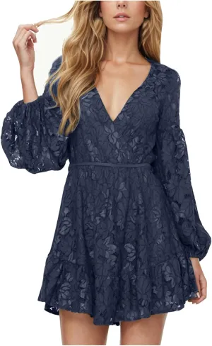 Casual Dresses for Women Womens Long Sleeve Dress V Neck Bubble Tie Waist Floral Flowy Swing Mini Dresses for Women
