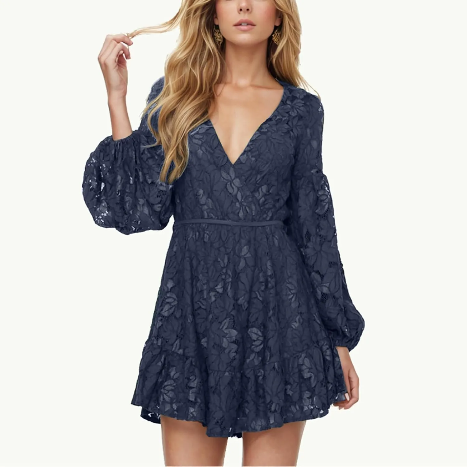 Casual Dresses for Women Womens Long Sleeve Dress V Neck Bubble Tie Waist Floral Flowy Swing Mini Dresses for Women