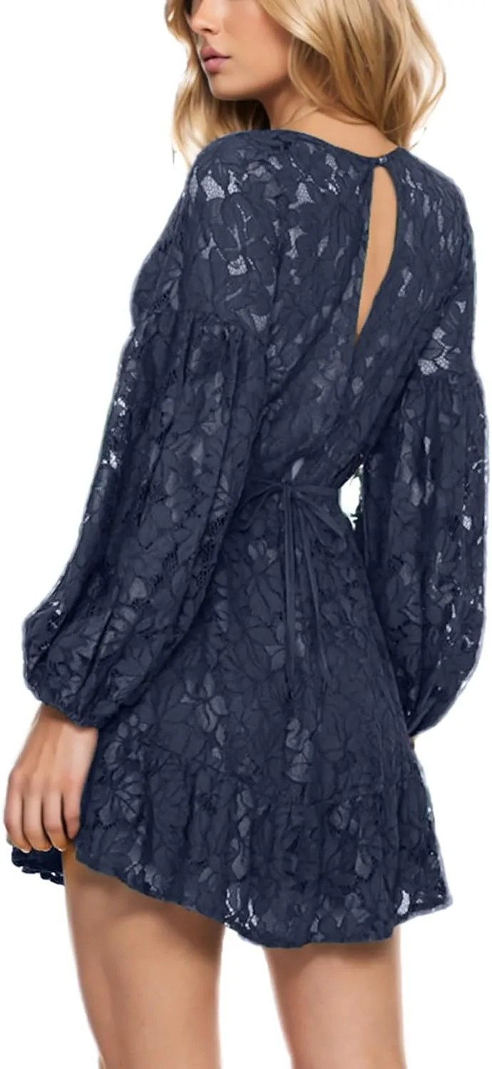 Casual Dresses for Women Womens Long Sleeve Dress V Neck Bubble Tie Waist Floral Flowy Swing Mini Dresses for Women