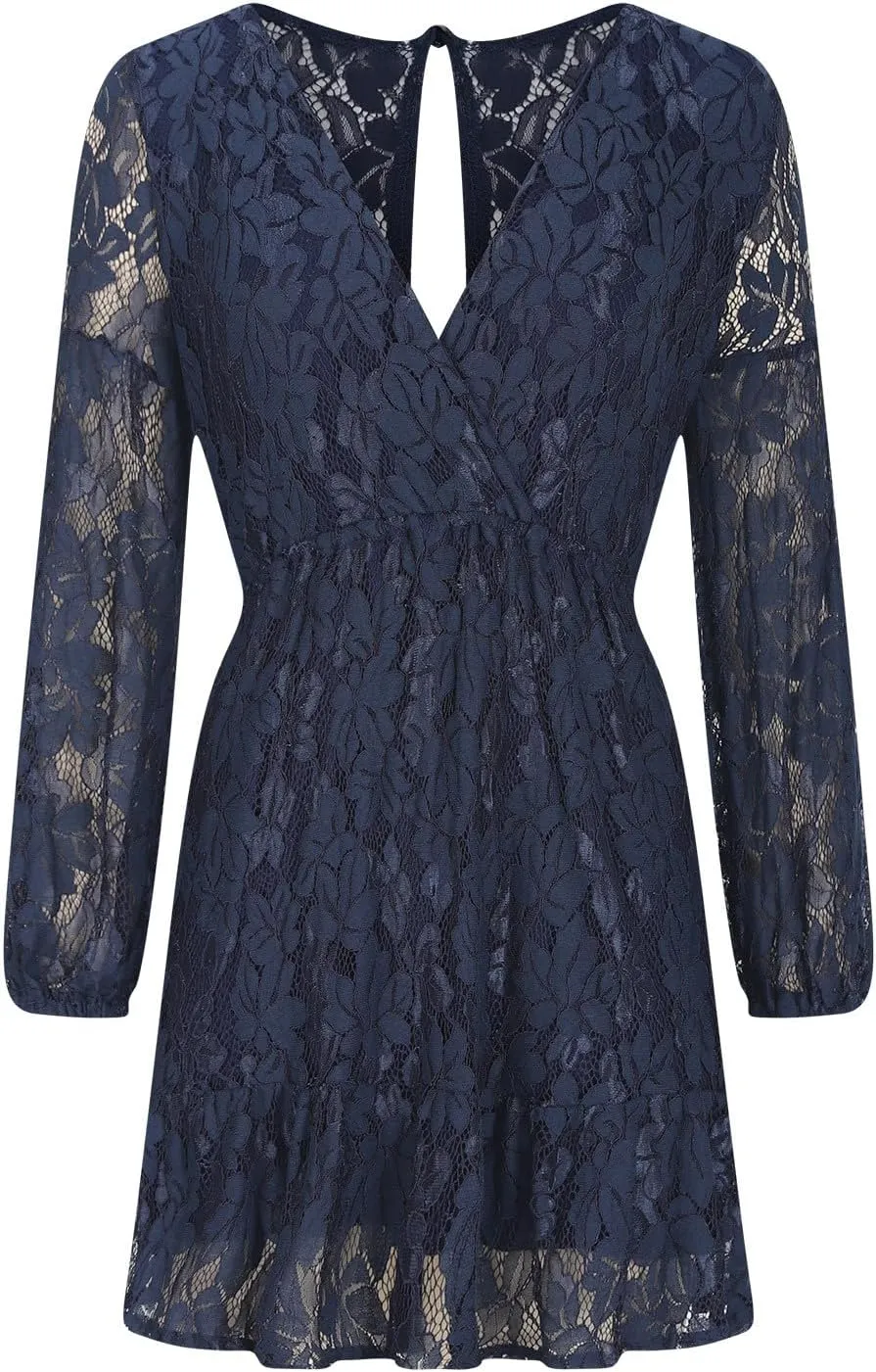 Casual Dresses for Women Womens Long Sleeve Dress V Neck Bubble Tie Waist Floral Flowy Swing Mini Dresses for Women