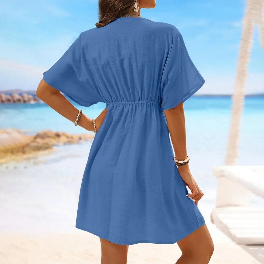 Casual Spring Mini Dress for Women Lace Plunging Patchwork V Neck Long Sleeve Ruffled A Line Beach Tunic Dress