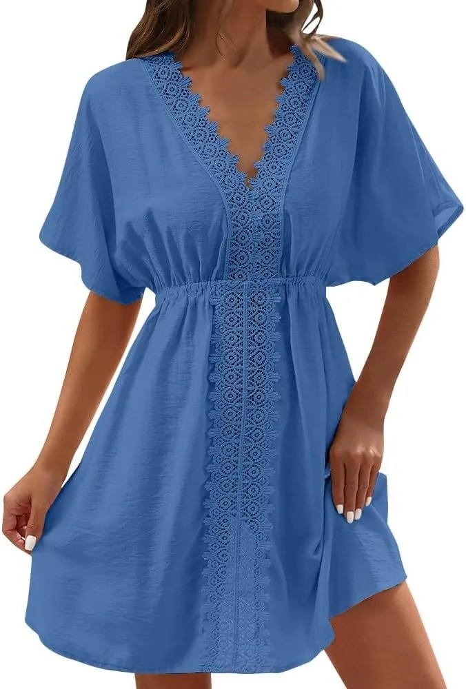 Casual Spring Mini Dress for Women Lace Plunging Patchwork V Neck Long Sleeve Ruffled A Line Beach Tunic Dress