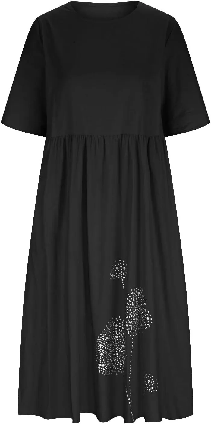 Ceboyel Women Cotton Linen Maxi Dress Dandelion Print Short Sleeve Dresses Boho Causal Summer Dress Cute Vacation Outfits