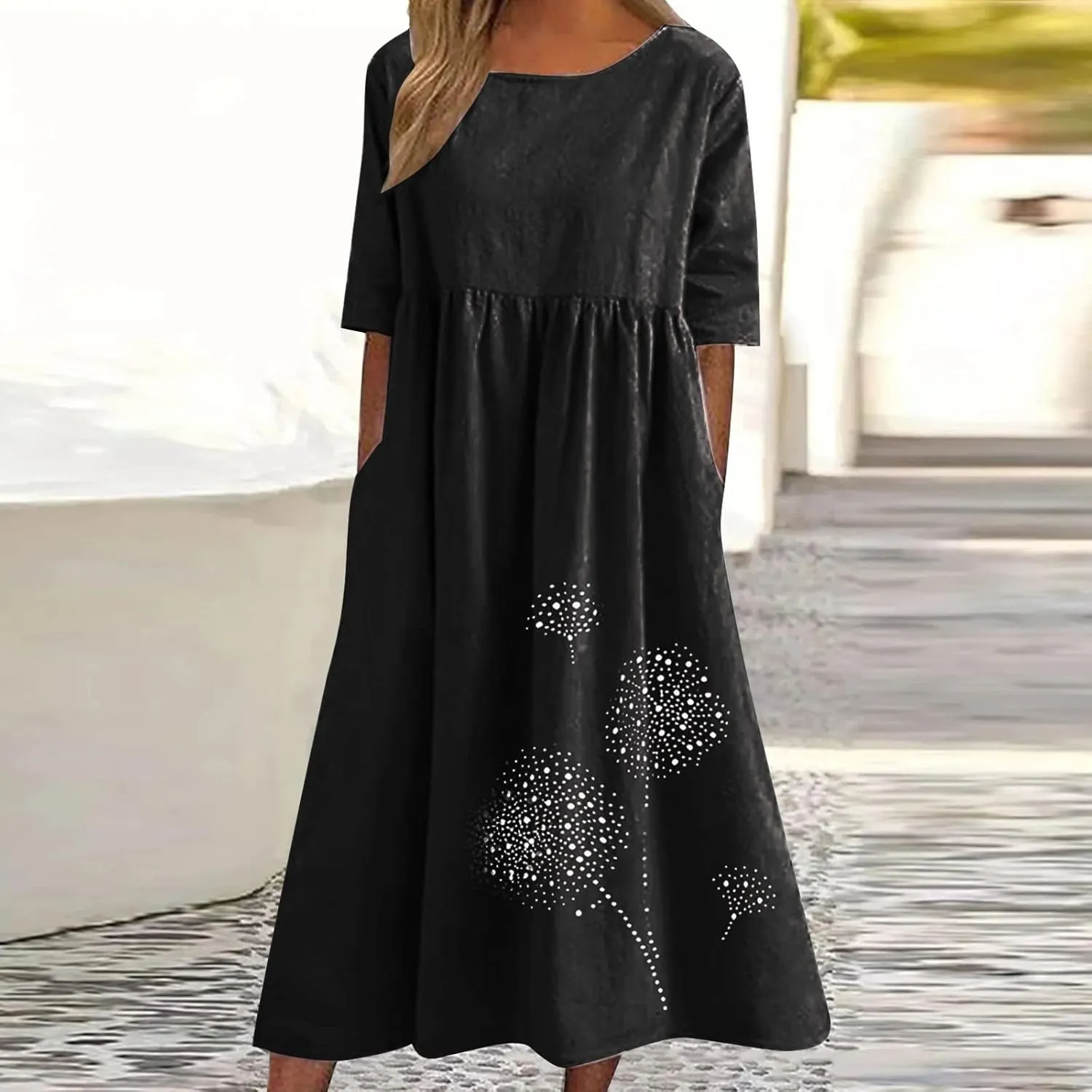 Ceboyel Women Cotton Linen Maxi Dress Dandelion Print Short Sleeve Dresses Boho Causal Summer Dress Cute Vacation Outfits