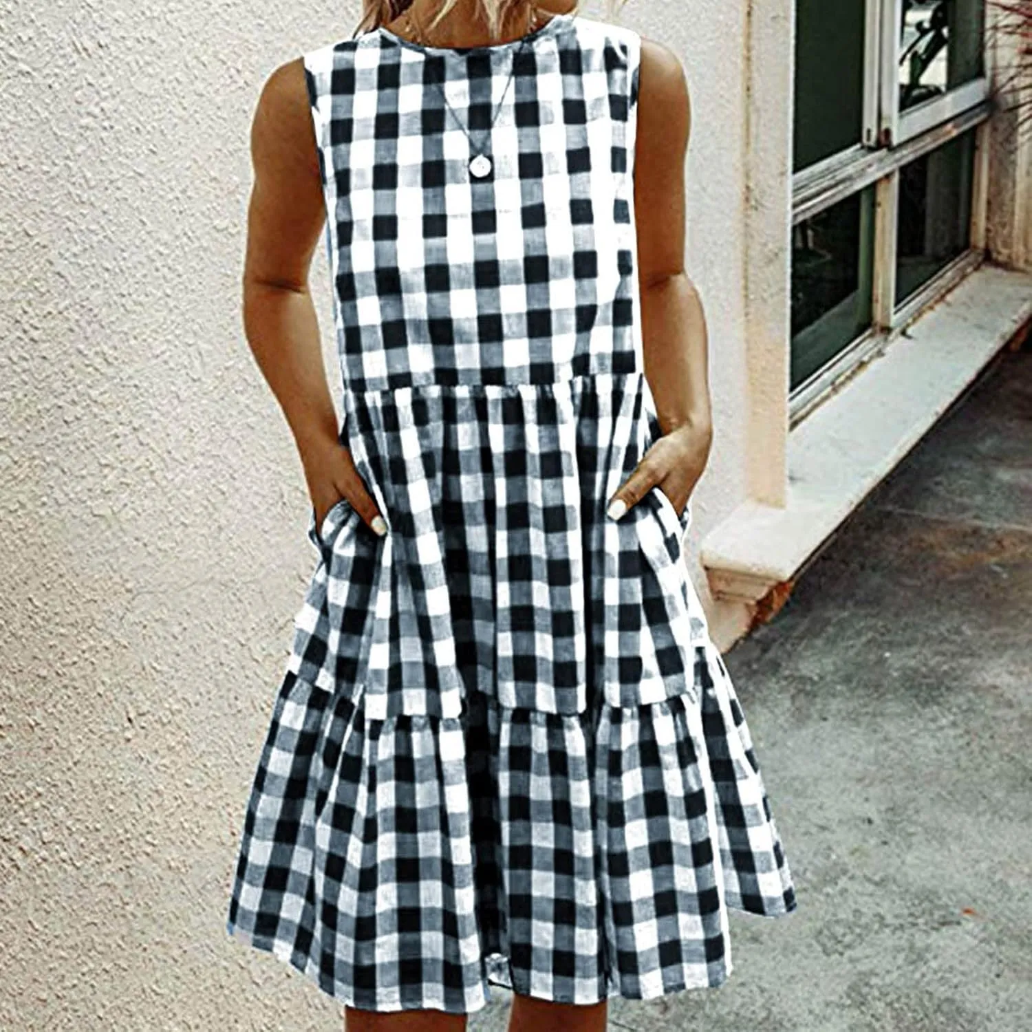 Ceboyel Women Gingham Linen Dress Boho Smocked Tiered Ruffle Dresses Plaid Summer Casual Sundress Trendy Picnic Clothes 2023