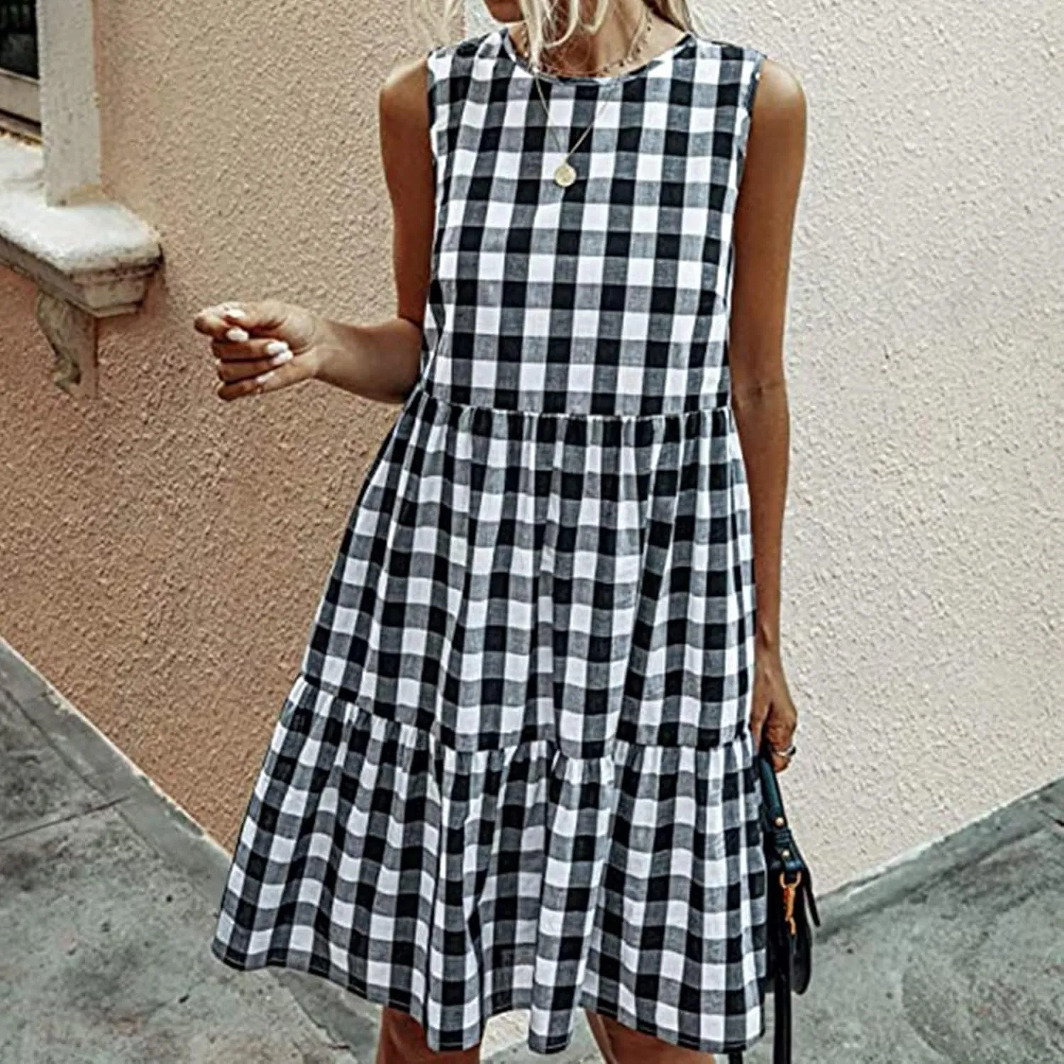 Ceboyel Women Gingham Linen Dress Boho Smocked Tiered Ruffle Dresses Plaid Summer Casual Sundress Trendy Picnic Clothes 2023