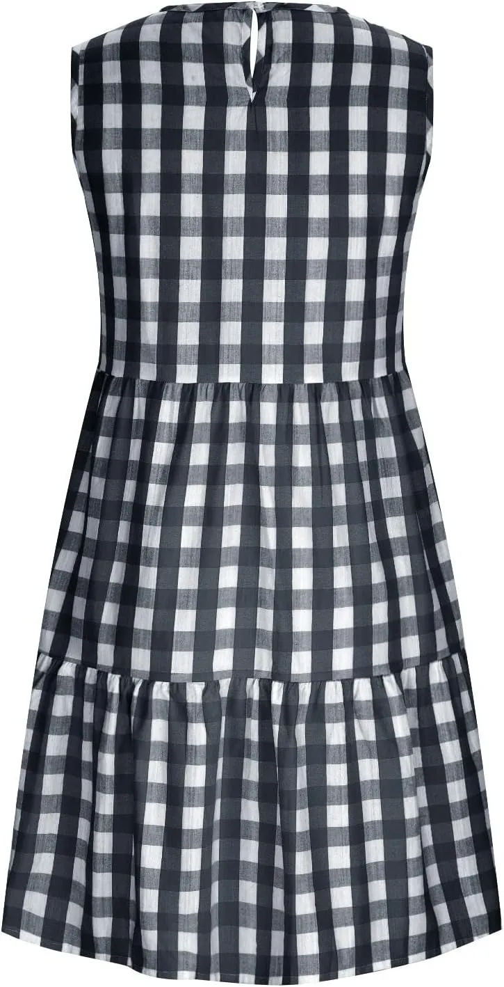 Ceboyel Women Gingham Linen Dress Boho Smocked Tiered Ruffle Dresses Plaid Summer Casual Sundress Trendy Picnic Clothes 2023