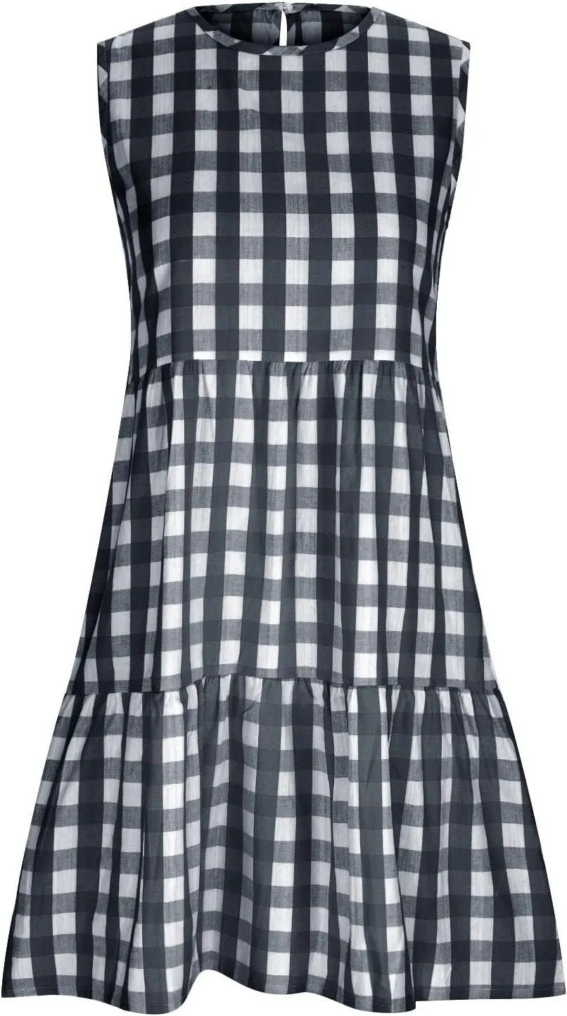 Ceboyel Women Gingham Linen Dress Boho Smocked Tiered Ruffle Dresses Plaid Summer Casual Sundress Trendy Picnic Clothes 2023