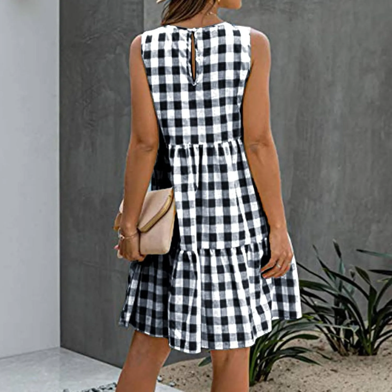 Ceboyel Women Gingham Linen Dress Boho Smocked Tiered Ruffle Dresses Plaid Summer Casual Sundress Trendy Picnic Clothes 2023