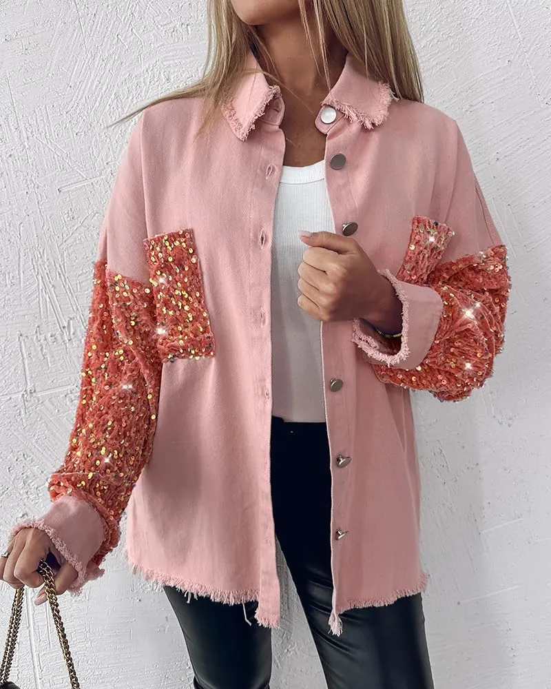 CHICME BEST SHOPPING DEALS Womens Jacket Sequin Patchwork Long Sleeve Jacket Top Button Front Oversized Denim Shacket