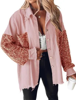 CHICME BEST SHOPPING DEALS Womens Jacket Sequin Patchwork Long Sleeve Jacket Top Button Front Oversized Denim Shacket
