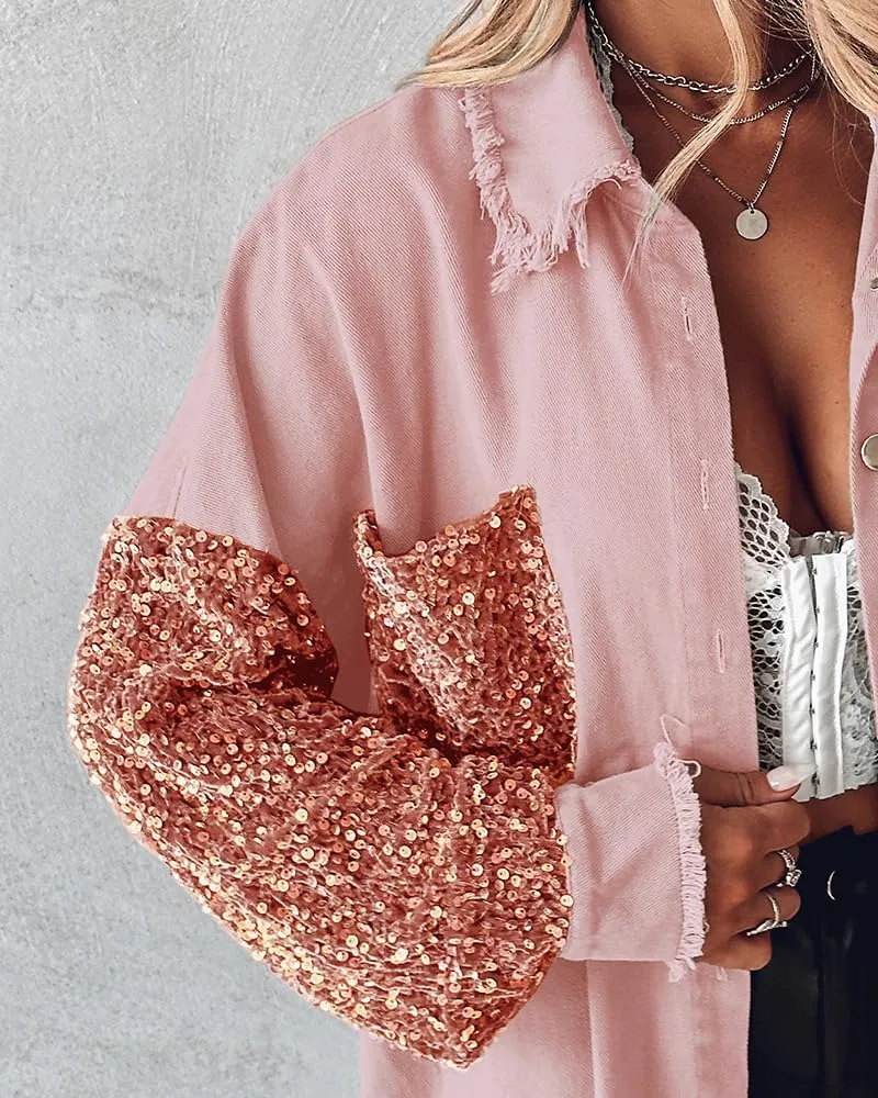 CHICME BEST SHOPPING DEALS Womens Jacket Sequin Patchwork Long Sleeve Jacket Top Button Front Oversized Denim Shacket