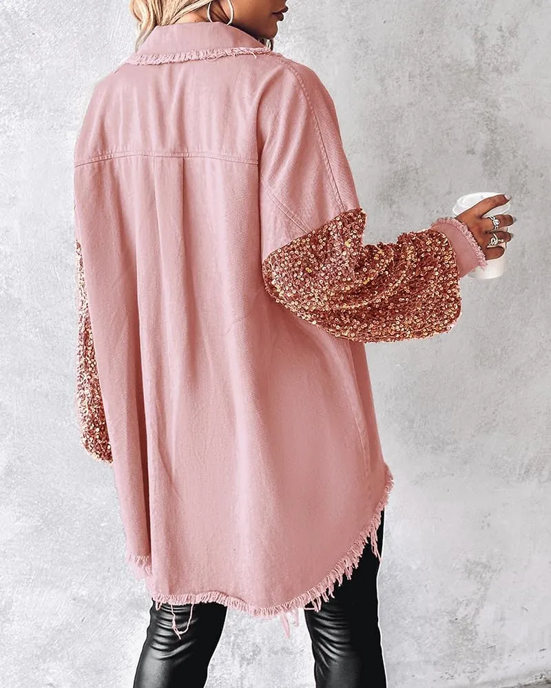 CHICME BEST SHOPPING DEALS Womens Jacket Sequin Patchwork Long Sleeve Jacket Top Button Front Oversized Denim Shacket