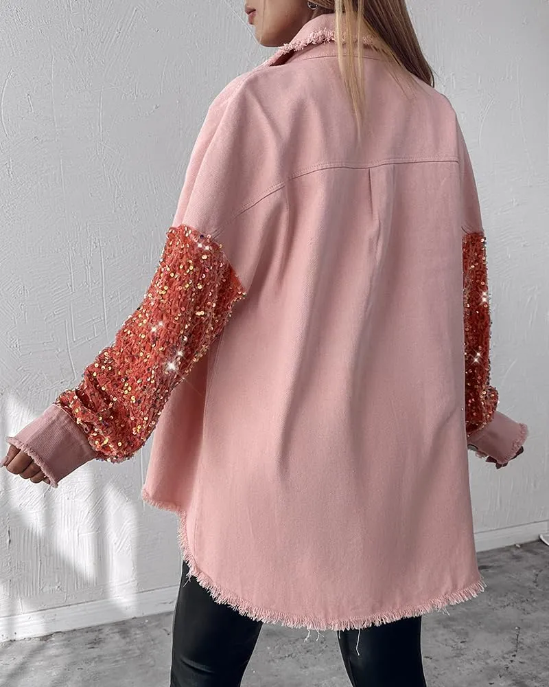 CHICME BEST SHOPPING DEALS Womens Jacket Sequin Patchwork Long Sleeve Jacket Top Button Front Oversized Denim Shacket