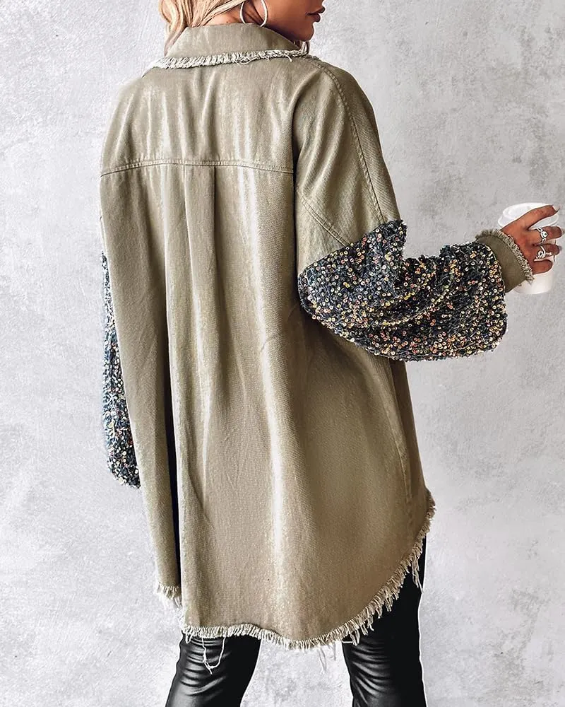 CHICME BEST SHOPPING DEALS Womens Jacket Sequin Patchwork Long Sleeve Jacket Top Button Front Oversized Denim Shacket