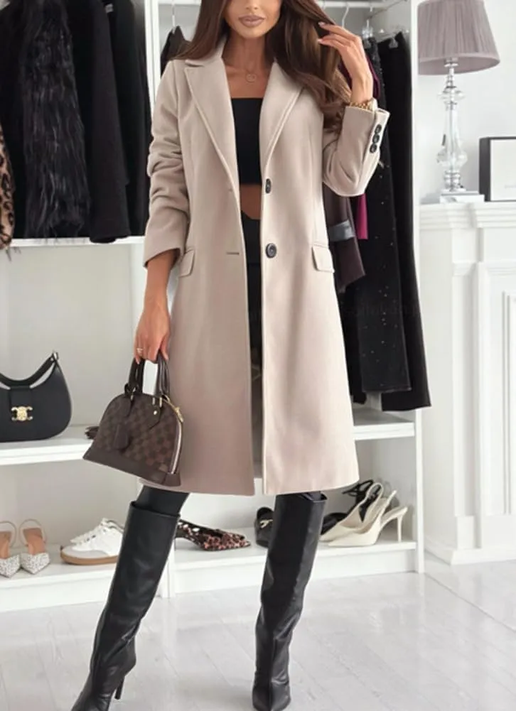chouyatou Women's Casual Single Breasted Midi Long Wool Coat Herringbone Dressy Winter Trench Coat