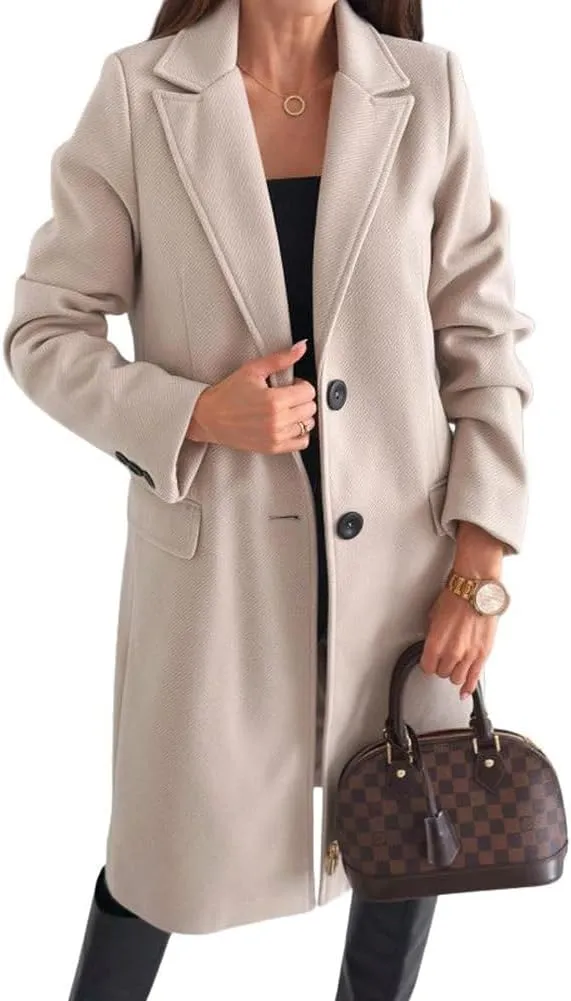chouyatou Women's Casual Single Breasted Midi Long Wool Coat Herringbone Dressy Winter Trench Coat