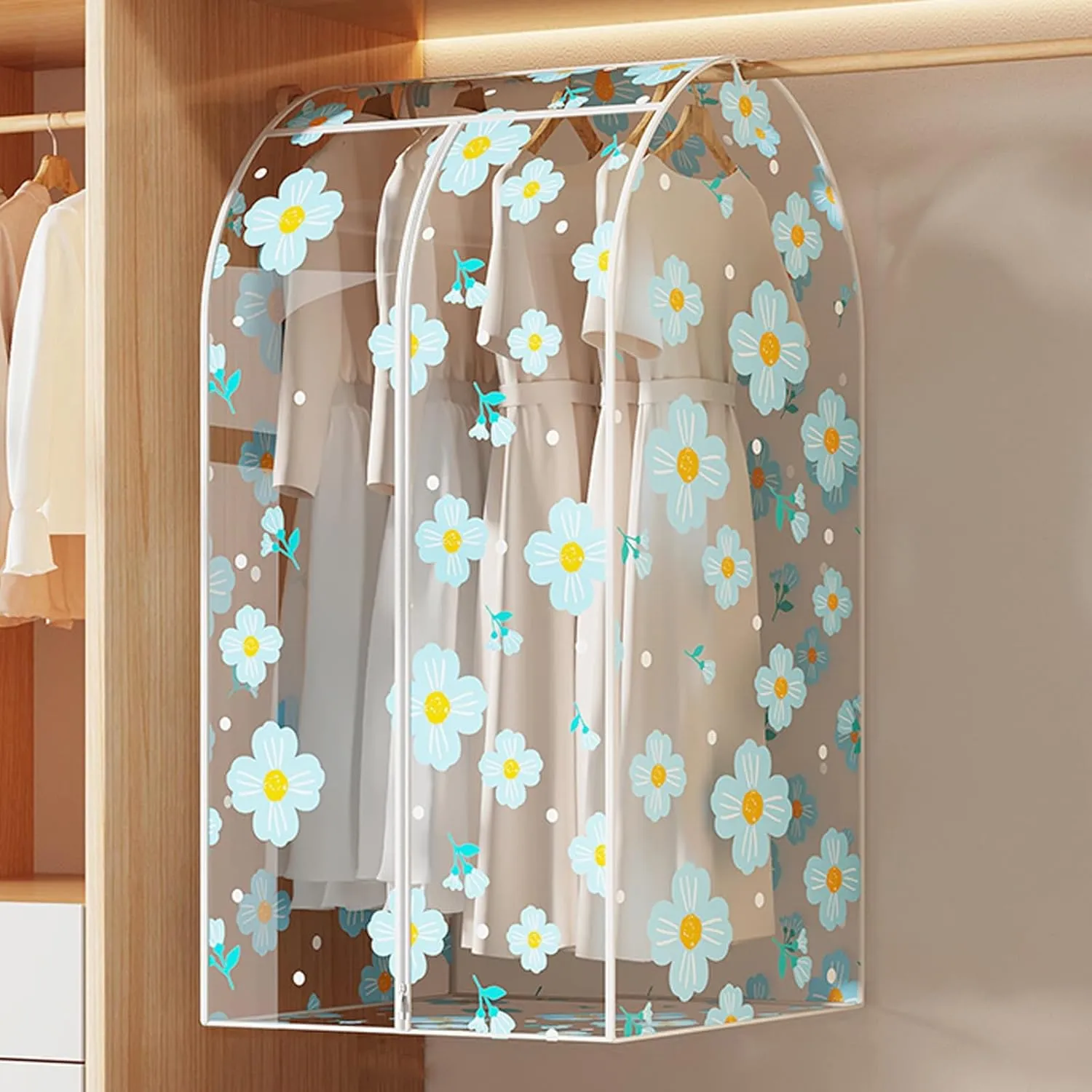 Clear Garment Bags, Printed Garment Covers with Zip, Clothes Cover for Hanging, Dustproof, Washable, for Dress, Suit, Coat(Blue,30x50x90cm)