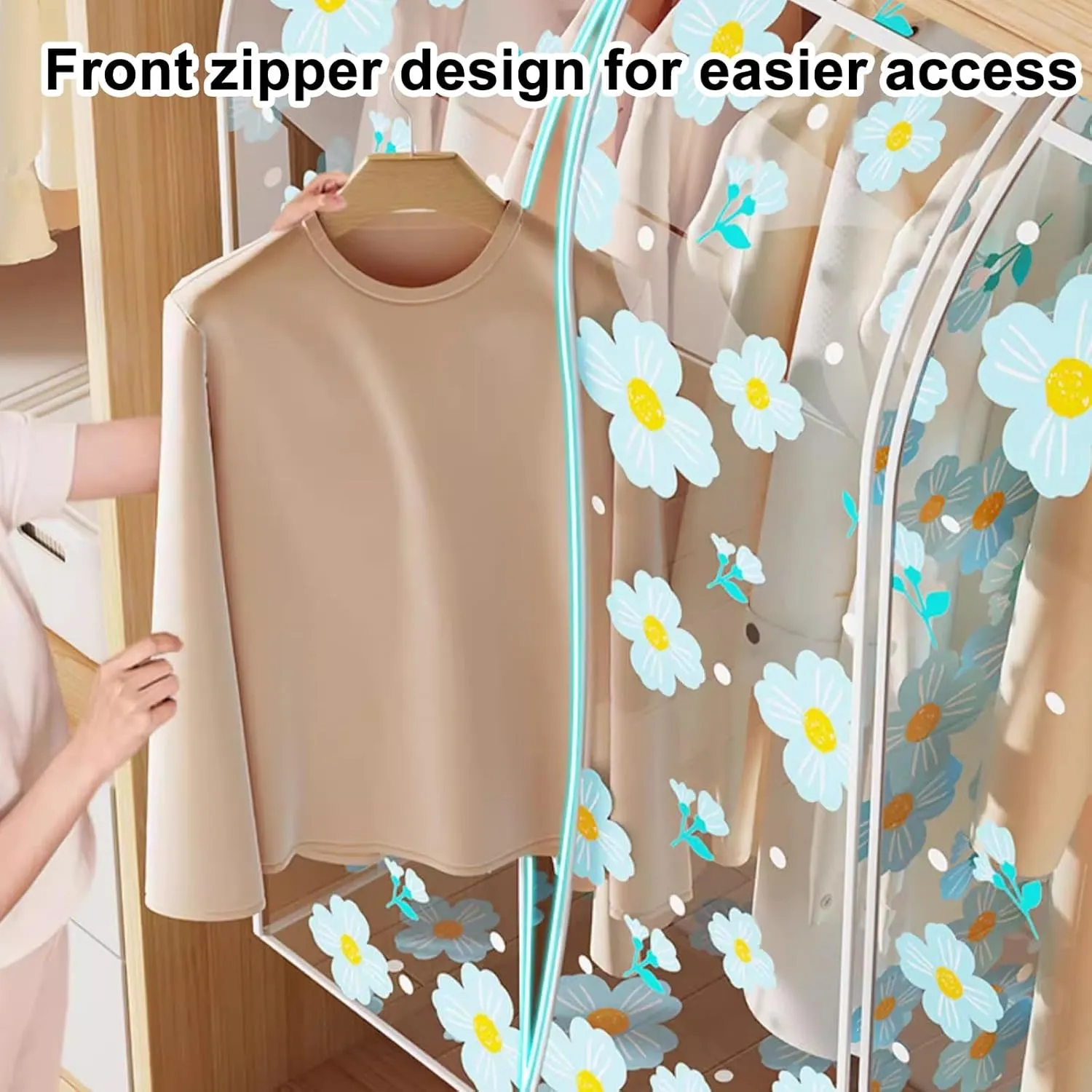 Clear Garment Bags, Printed Garment Covers with Zip, Clothes Cover for Hanging, Dustproof, Washable, for Dress, Suit, Coat(Blue,30x50x90cm)