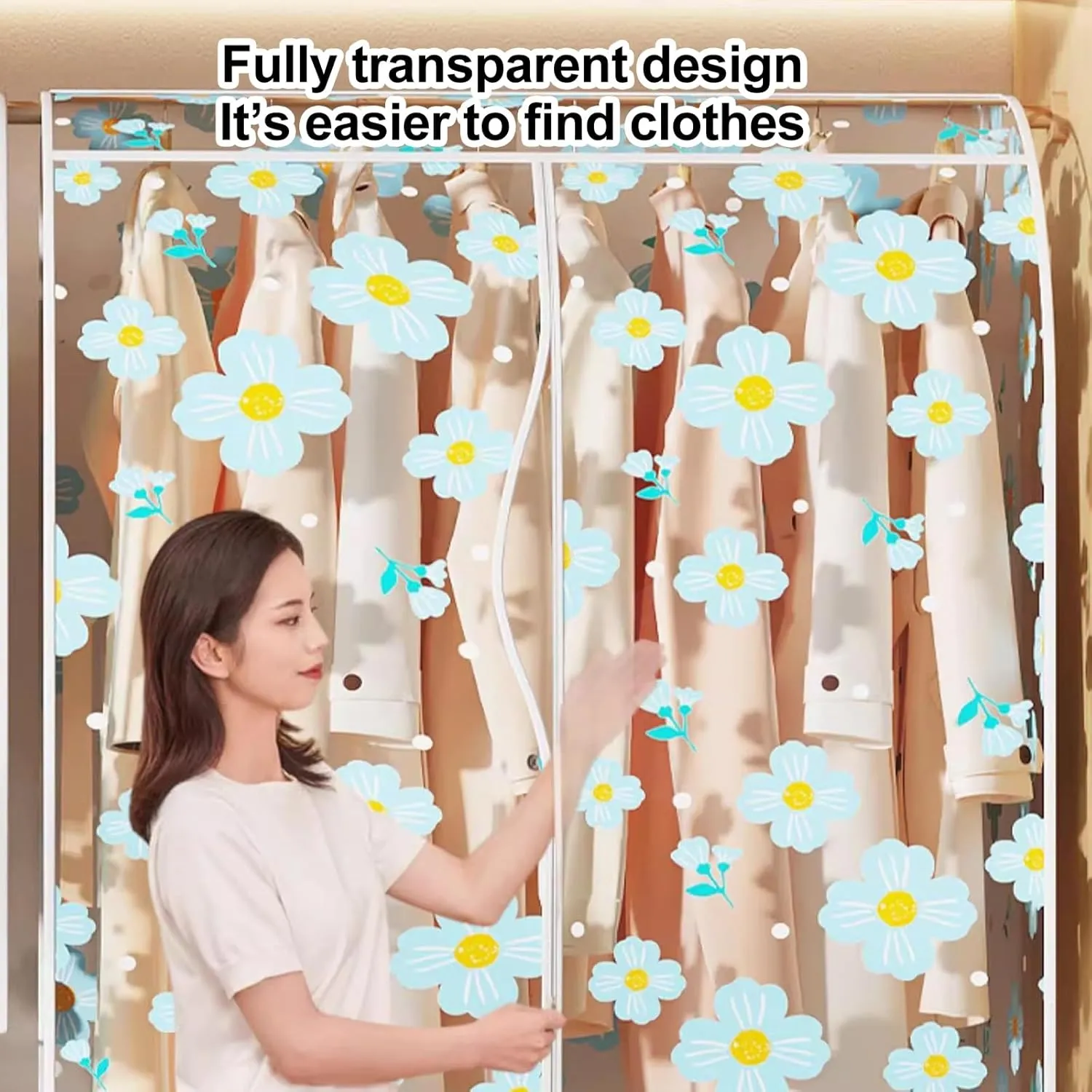 Clear Garment Bags, Printed Garment Covers with Zip, Clothes Cover for Hanging, Dustproof, Washable, for Dress, Suit, Coat(Blue,30x50x90cm)