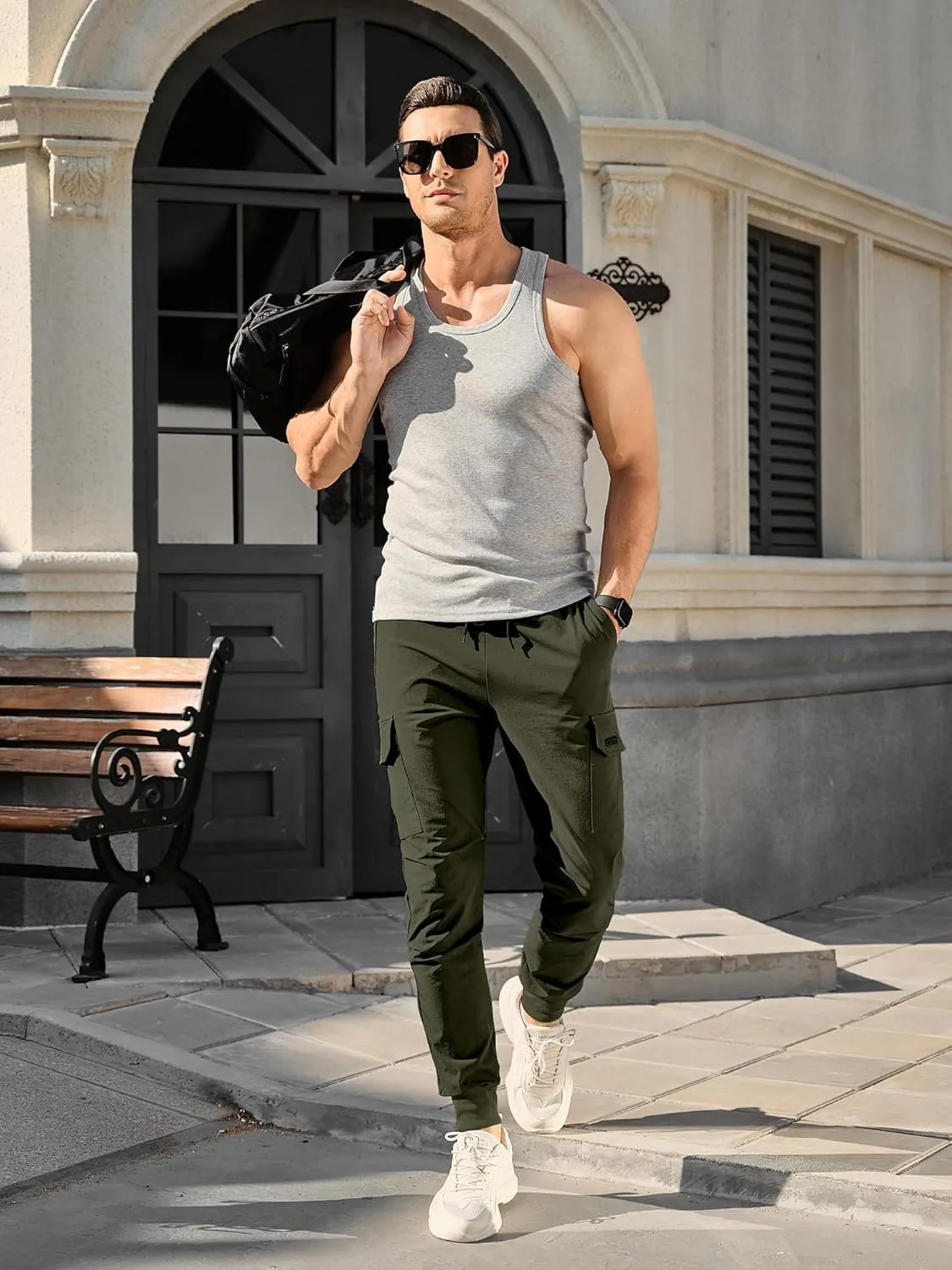 Comdecevis Men's Cargo Jogger Pants Stretch Sweatpants Slim Fit Tactical Pants with Zipper Pockets Casual Trousers