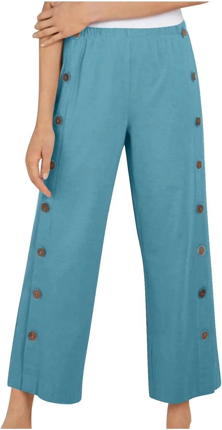 Cotton Linen Pants for Women 2025 High Waisted Wide Leg Trousers Trendy Side Button Elastic Waist Summer Gauze Pants