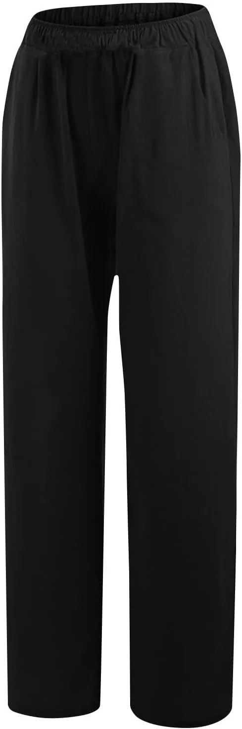 Cotton Linen Pants for Women Casual Summer Elastic High Waist Pants Straight Wide Leg Pants Baggy Loose Fit Trousers