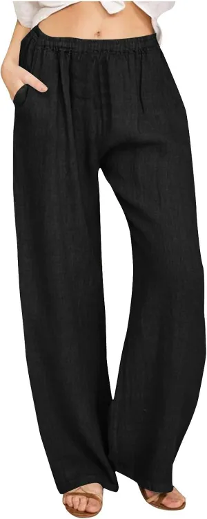 Cotton Linen Pants for Women Casual Summer Elastic High Waist Pants Straight Wide Leg Pants Baggy Loose Fit Trousers