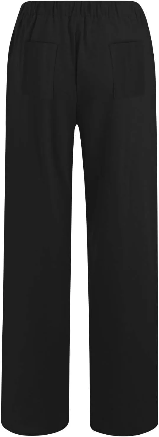 Cotton Linen Pants for Women Casual Summer Elastic High Waist Pants Straight Wide Leg Pants Baggy Loose Fit Trousers