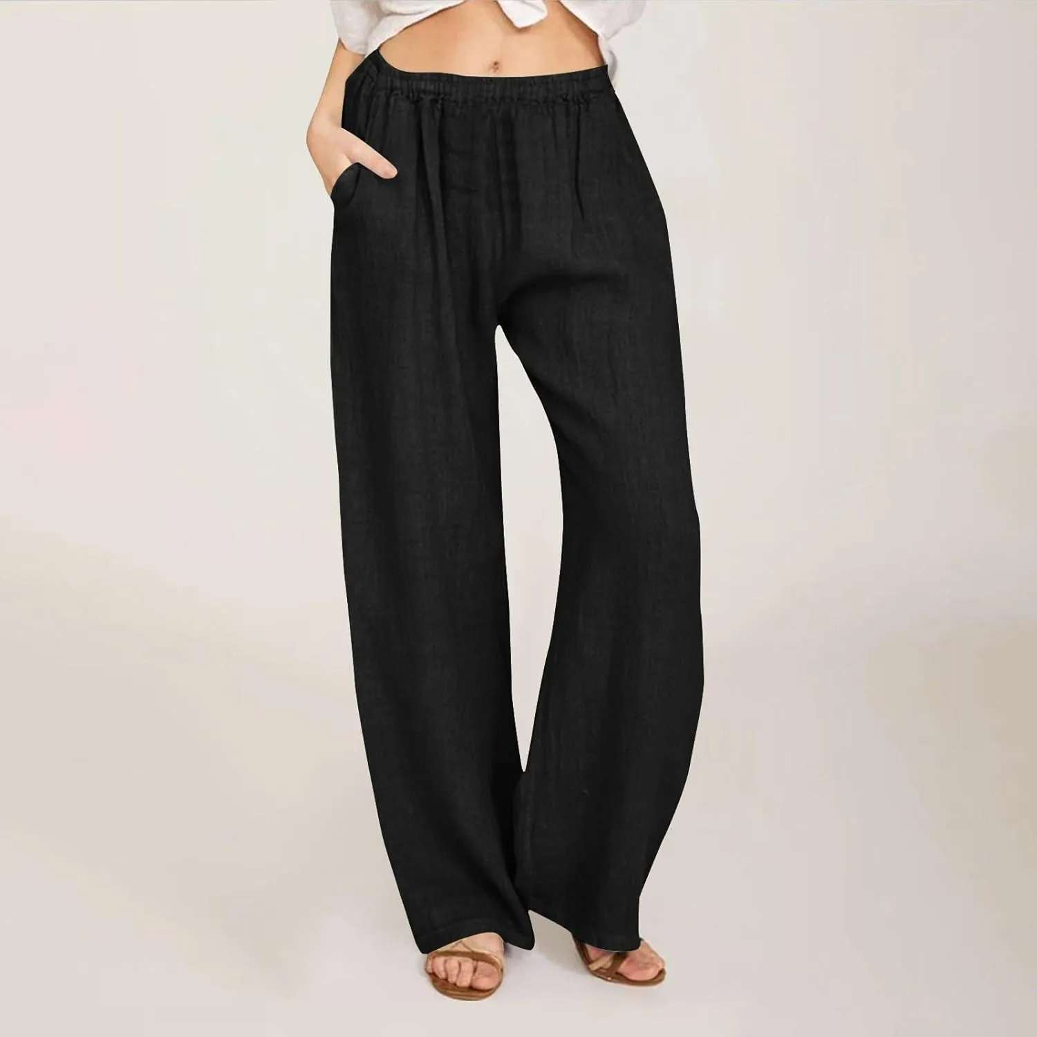 Cotton Linen Pants for Women Casual Summer Elastic High Waist Pants Straight Wide Leg Pants Baggy Loose Fit Trousers