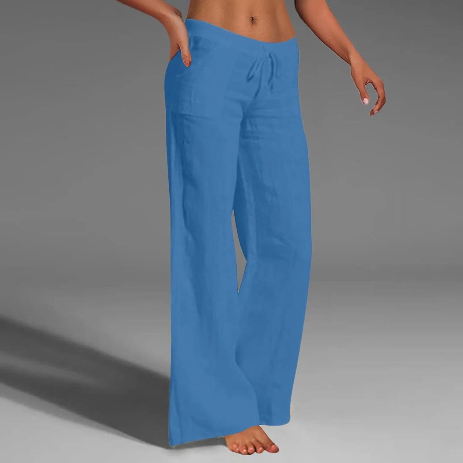 Cotton Linen Pants for Women Elastic Waisted Drawstring Straight Wide Leg Trousers Summer Lightweight Long Pant