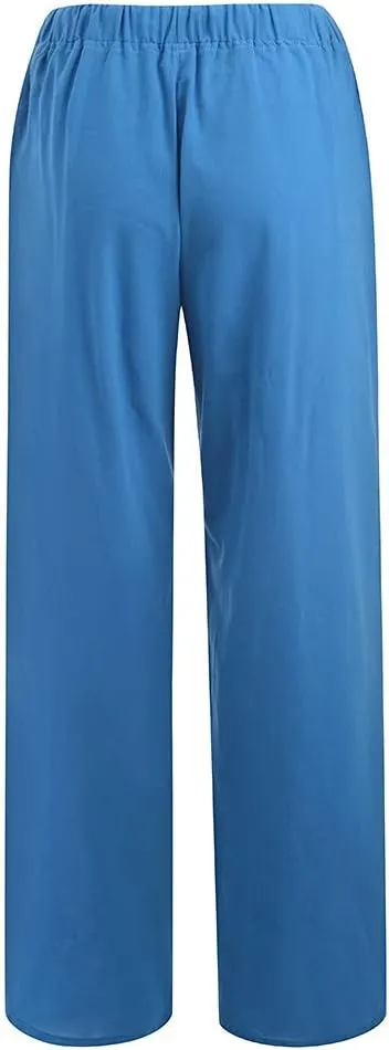 Cotton Linen Pants for Women Elastic Waisted Drawstring Straight Wide Leg Trousers Summer Lightweight Long Pant