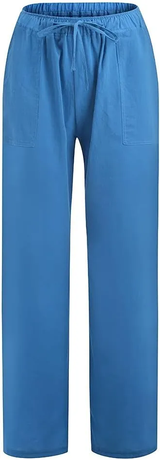 Cotton Linen Pants for Women Elastic Waisted Drawstring Straight Wide Leg Trousers Summer Lightweight Long Pant