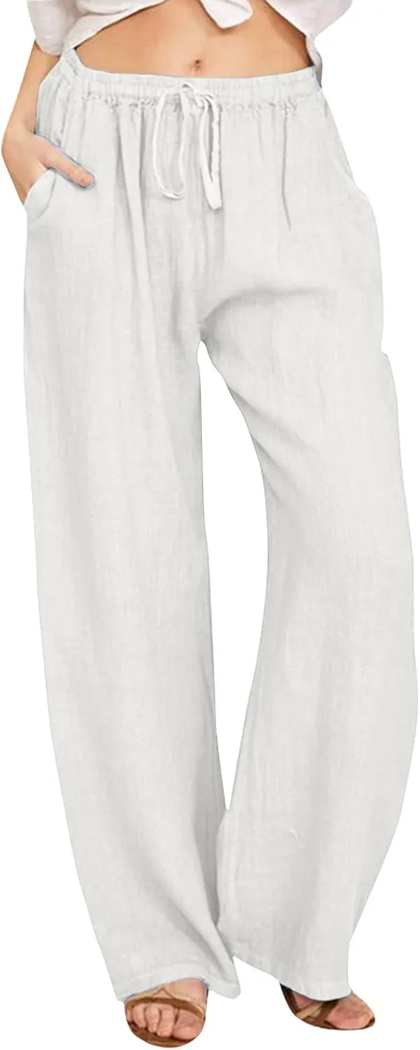 Cotton Linen Pants for Women High Waist Drawstring Loose Fit Wide Leg Trousers Summer Beach Pants with Pockets