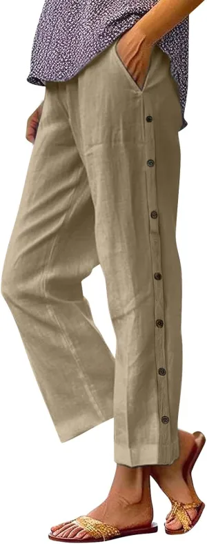 Cotton Linen Trousers for Womens Summer Side Button Straight Leg Pants Casual Baggy Solid Pant with Pocket